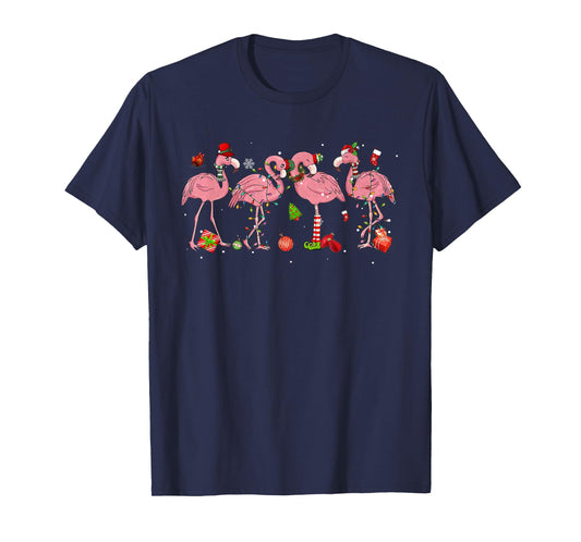 Pink Flamingo Hat Santa Merry Christmas Lights Womens Girls T-Shirt