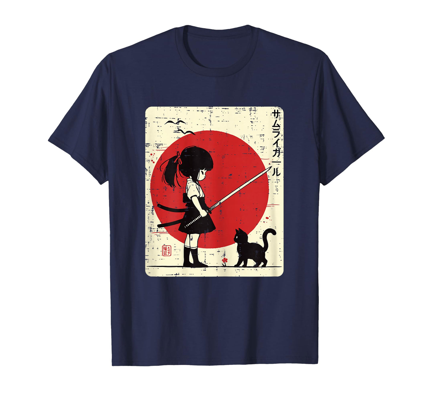 Japanese Samurai Girl Black Cat Kawaii Anime Girls Kid Women T-Shirt