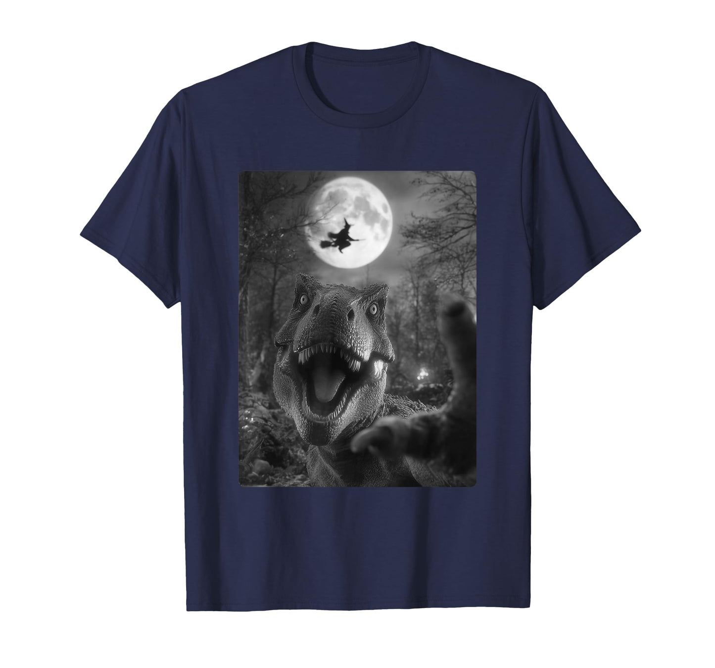 Funny T-rex Selfie Full Moon Flying Witch Dinosaur Halloween T-Shirt