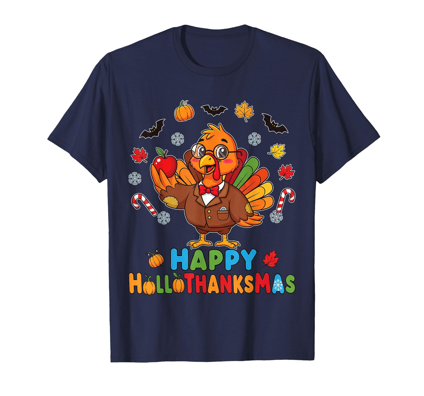 Funny Thanksgiving Happy HalloThanksMas Santa Lights Teacher T-Shirt