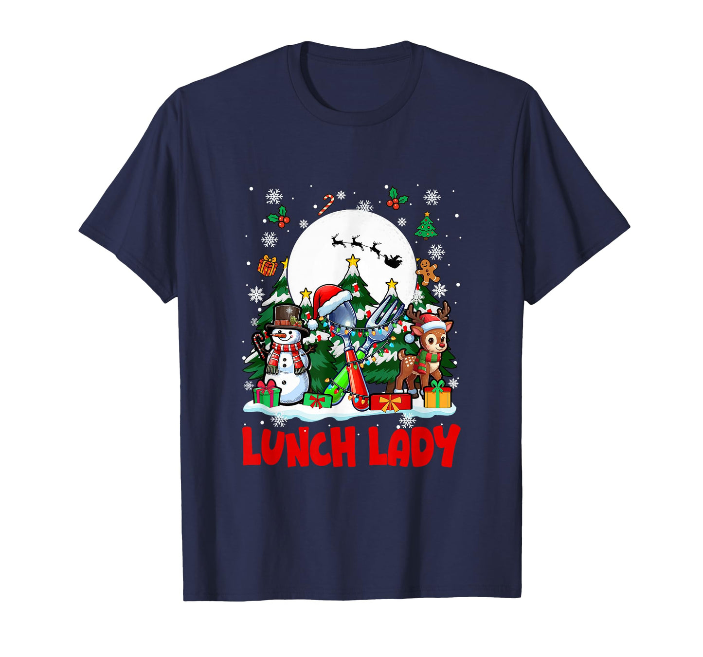 Lunch Lady Job Tools Santa Snowmen Reindeer Christmas Trees T-Shirt