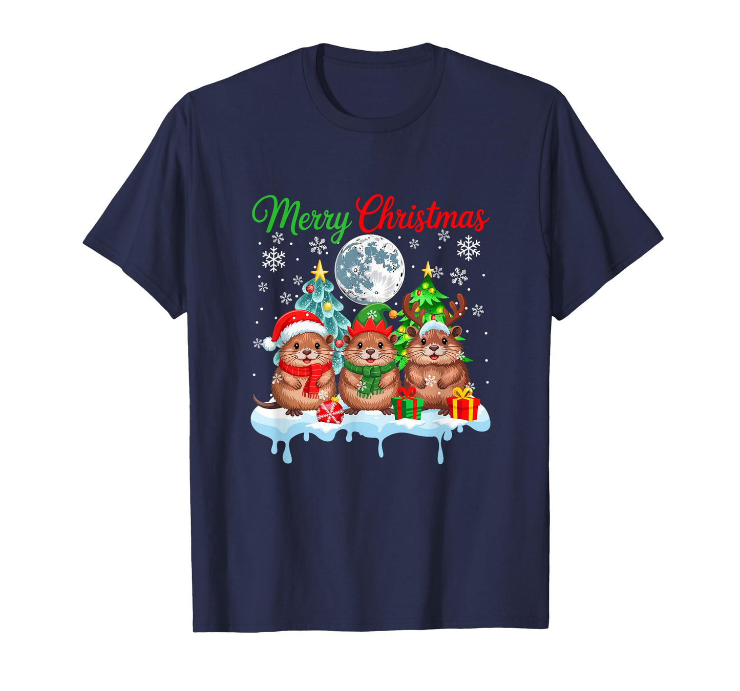 Merry Christmas Three Santa Elf Reindeer Muskrats Rodent T-Shirt