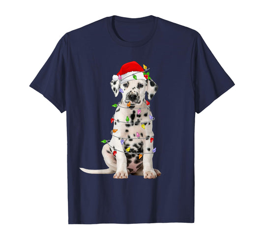 Dalmatian Christmas Santa Hat Lights Funny Pet Dog Xmas T-Shirt