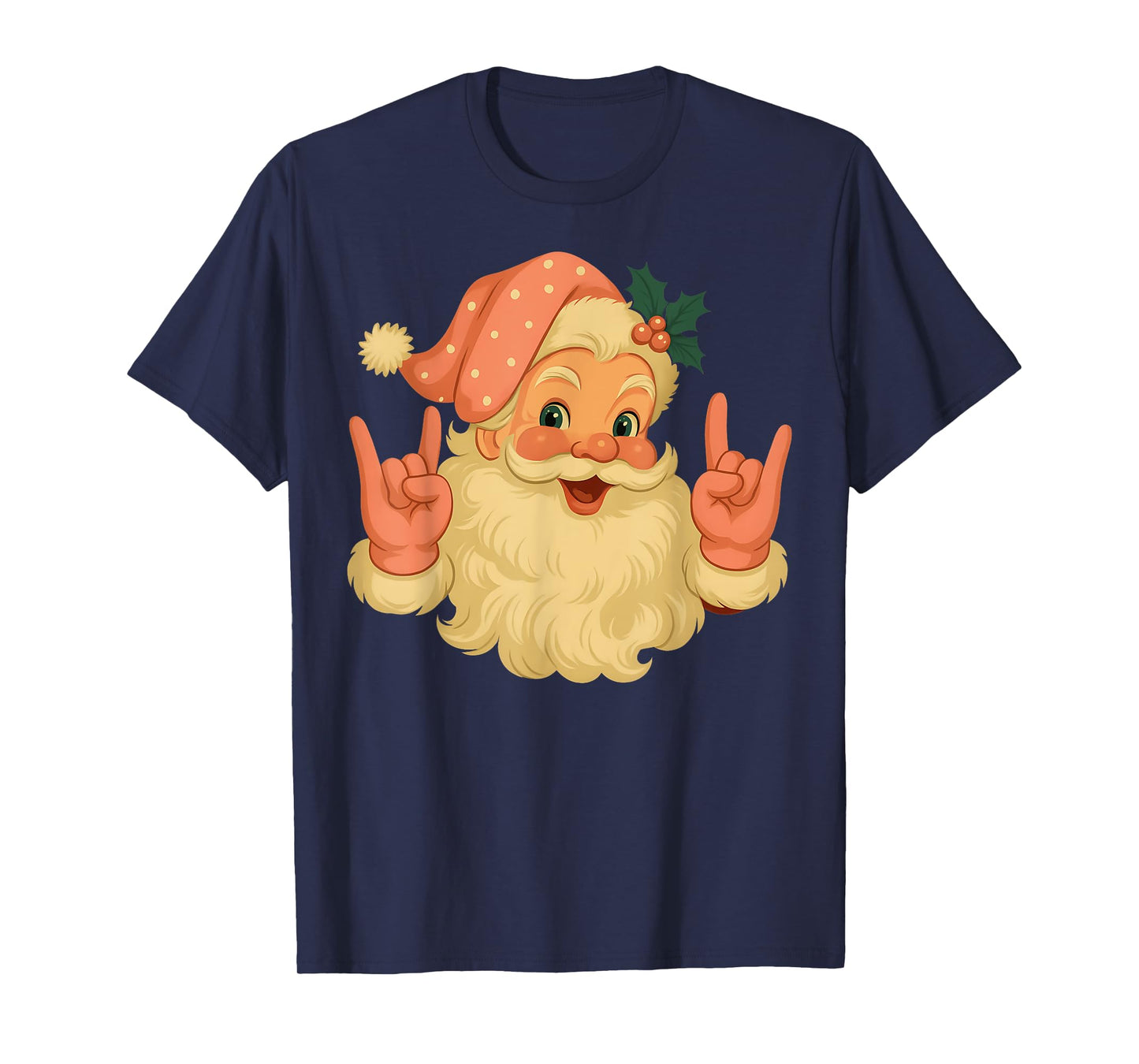 Vintage Pink Santa Claus Christmas Rock Hand Girl Women T-Shirt