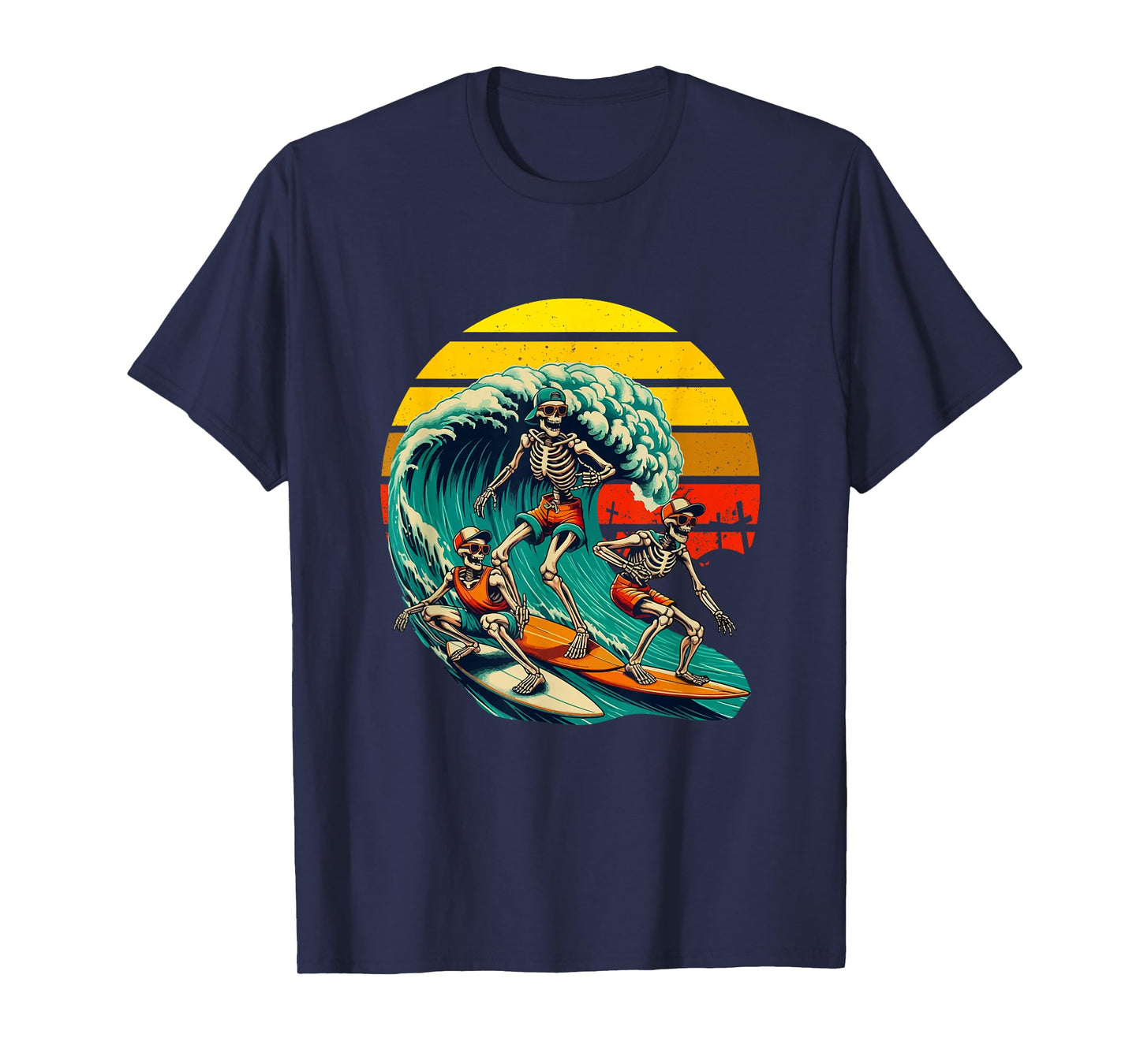 Vintage Retro Three Funny Skeletons Surfing Surfer Halloween T-Shirt