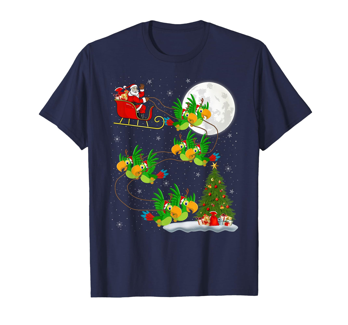 Parrots Bird Santa Sleigh Flying Funny Magical Christmas T-Shirt