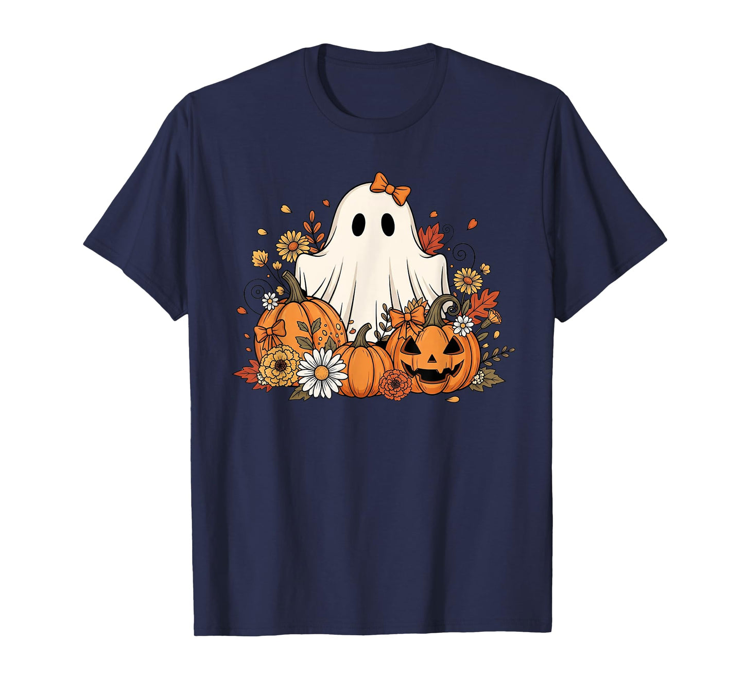 Cute Ghost With Flower Halloween Pumpkin Autumn Women T-Shirt