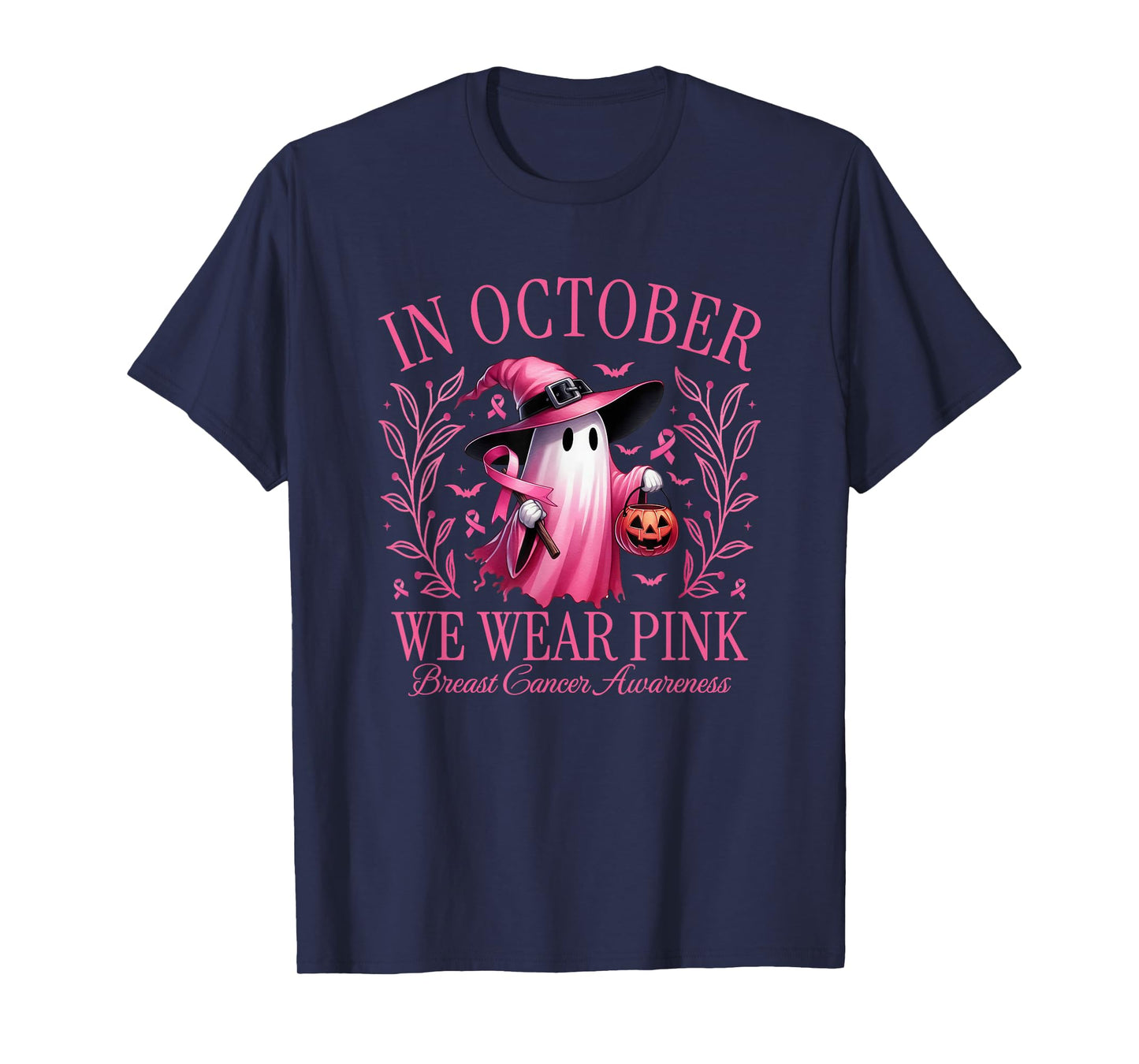 in October We Wear Pink Ghost Witch Halloween T-Shirt