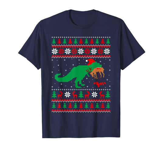 Dinosaur T-Rex Eating Reindeer Ugly Sweater Style Christmas T-Shirt
