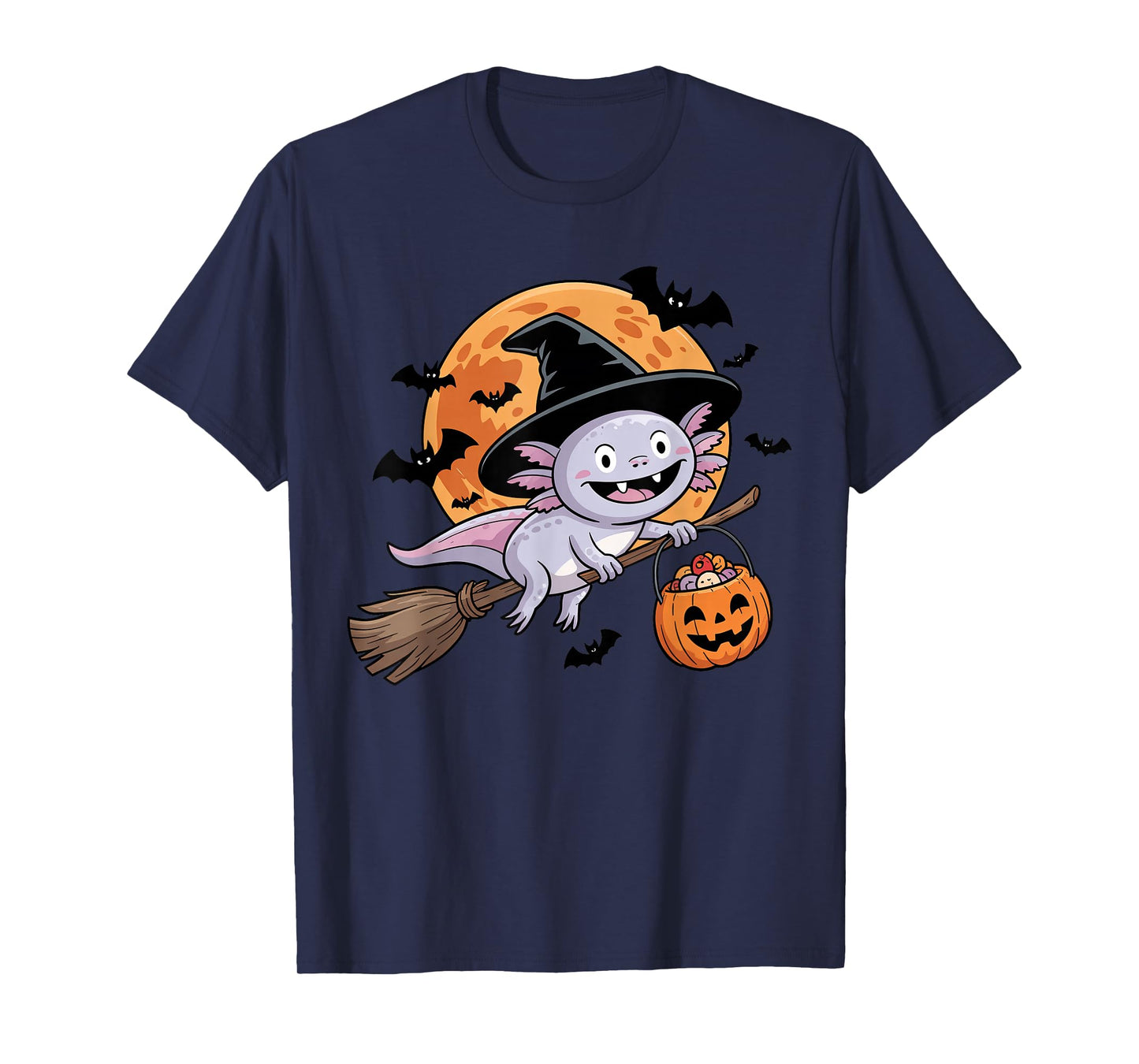 Cute Axolotl Witch with Jack-O-Lantern Pumpkin Halloween T-Shirt
