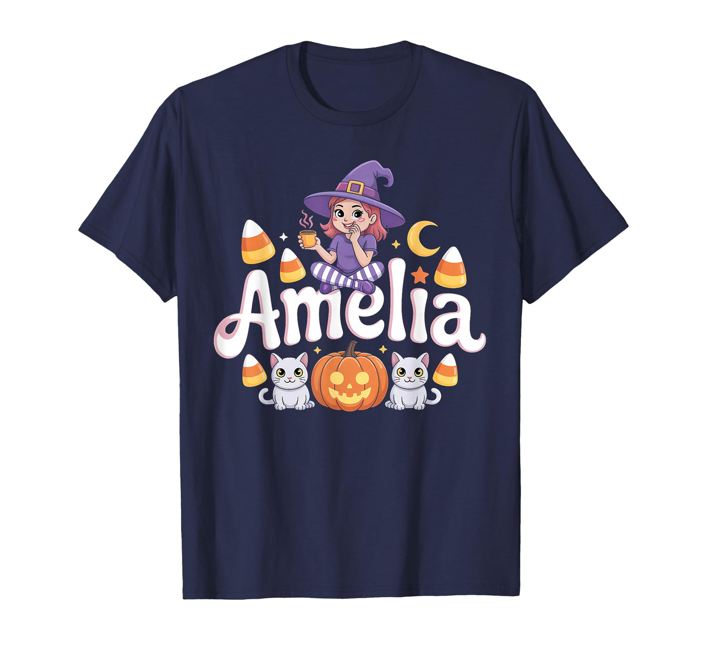 Amelia Witch Candy Corn Cat Halloween Women and Girls T-Shirt
