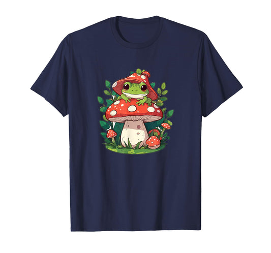 Kawaii Cottagecore Designs Cute Frog on Mushroom Cartoon Aesthetic Art T-Shirt - Unisex-Adults/Kids - Black - Short Sleeve - Classic Fit - Cotton 65%, Polyester 35%