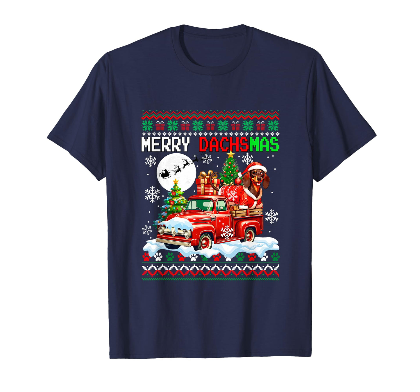 Merry Christmas Sweater Santa Dachshund On Pickup Truck T-Shirt