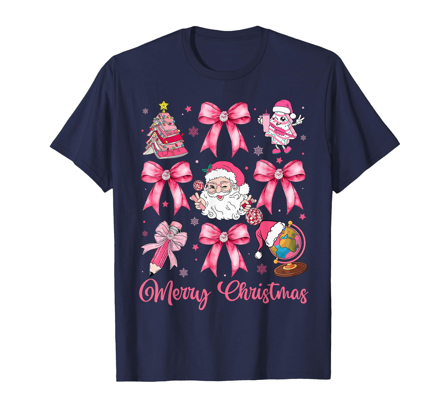 Merry Christmas Pink Santa Coquette Bow Teacher Girl Women T-Shirt