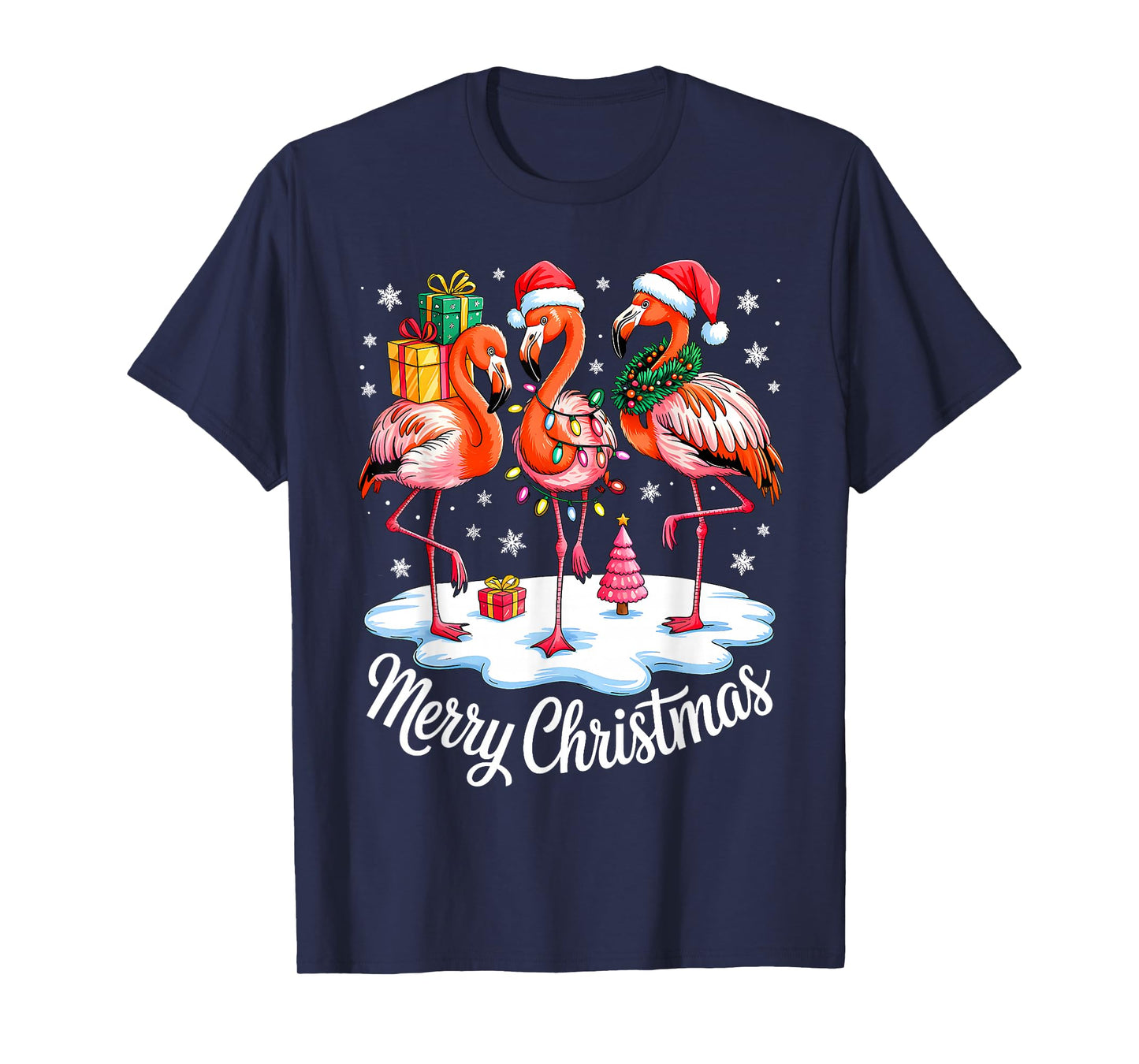 Merry Christmas Hat Santa Flamingo Light Christmas in July T-Shirt