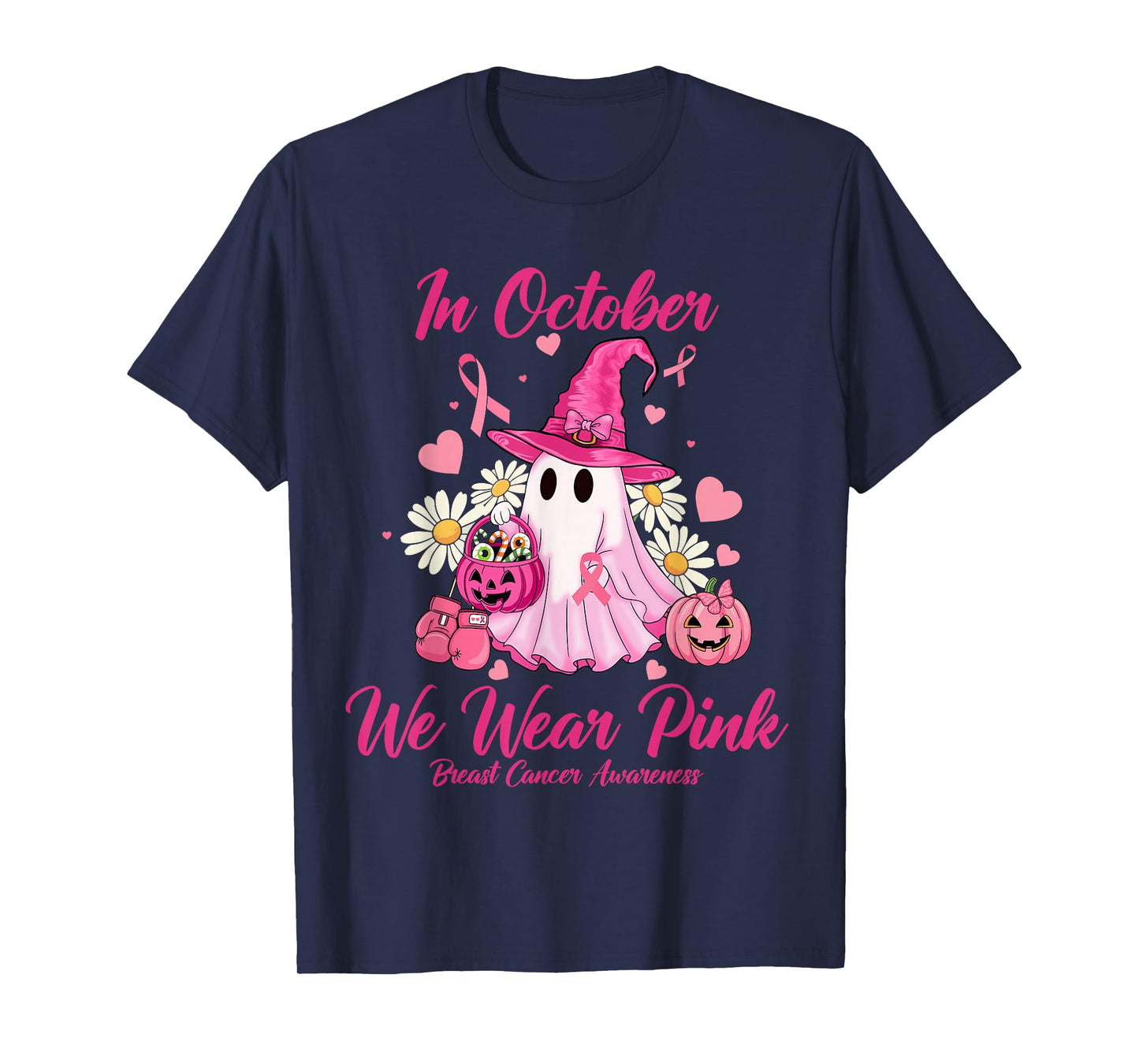 in October We Wear Pink Ghost Witch Breast Cancer Awareness T-Shirt