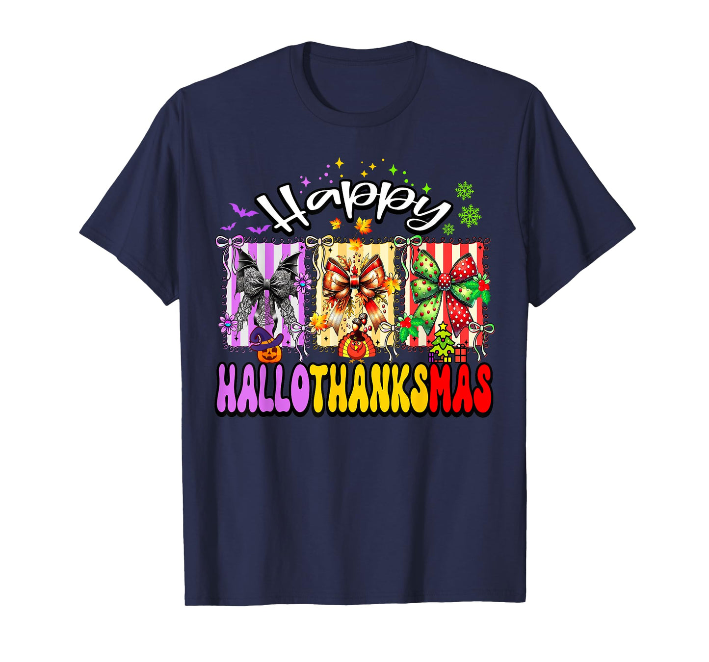 Hallothanksmas Coquette Bow Halloween Thanksgiving Christmas T-Shirt