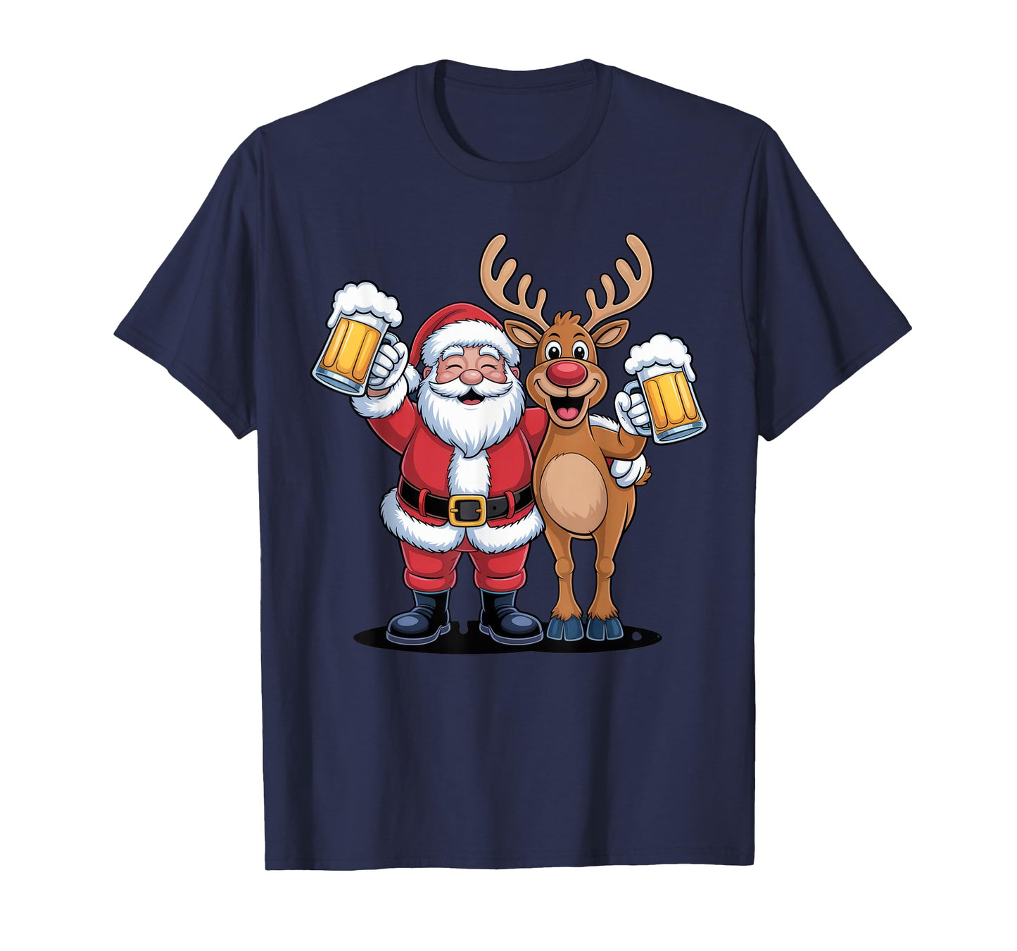 Santa and Reindeer Cheers for Christmas Fun Adult Holiday T-Shirt