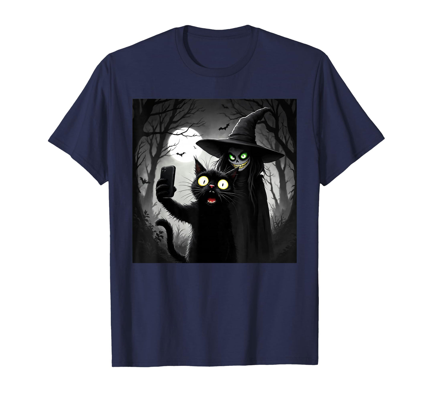 Halloween Shocked Black Cat Selfie with Witch for Cat Lovers T-Shirt