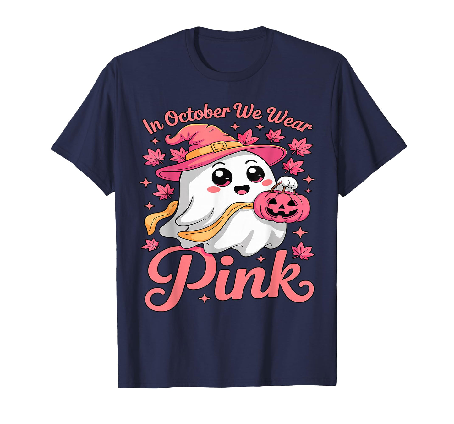 in October We Wear Pink Breast Cancer Awareness Witch Ghost T-Shirt