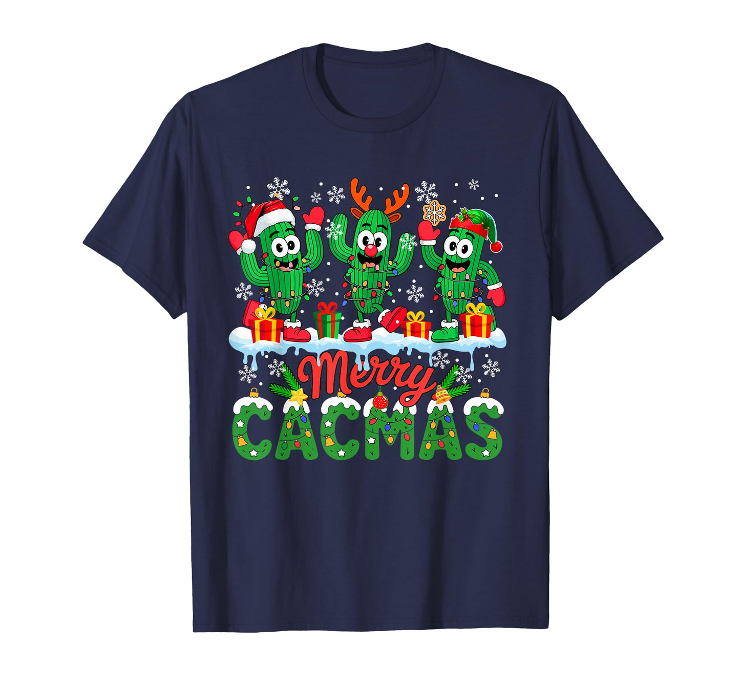 Merry Cacmas Christmas Three Santa Reindeer Elf Cactuses T-Shirt