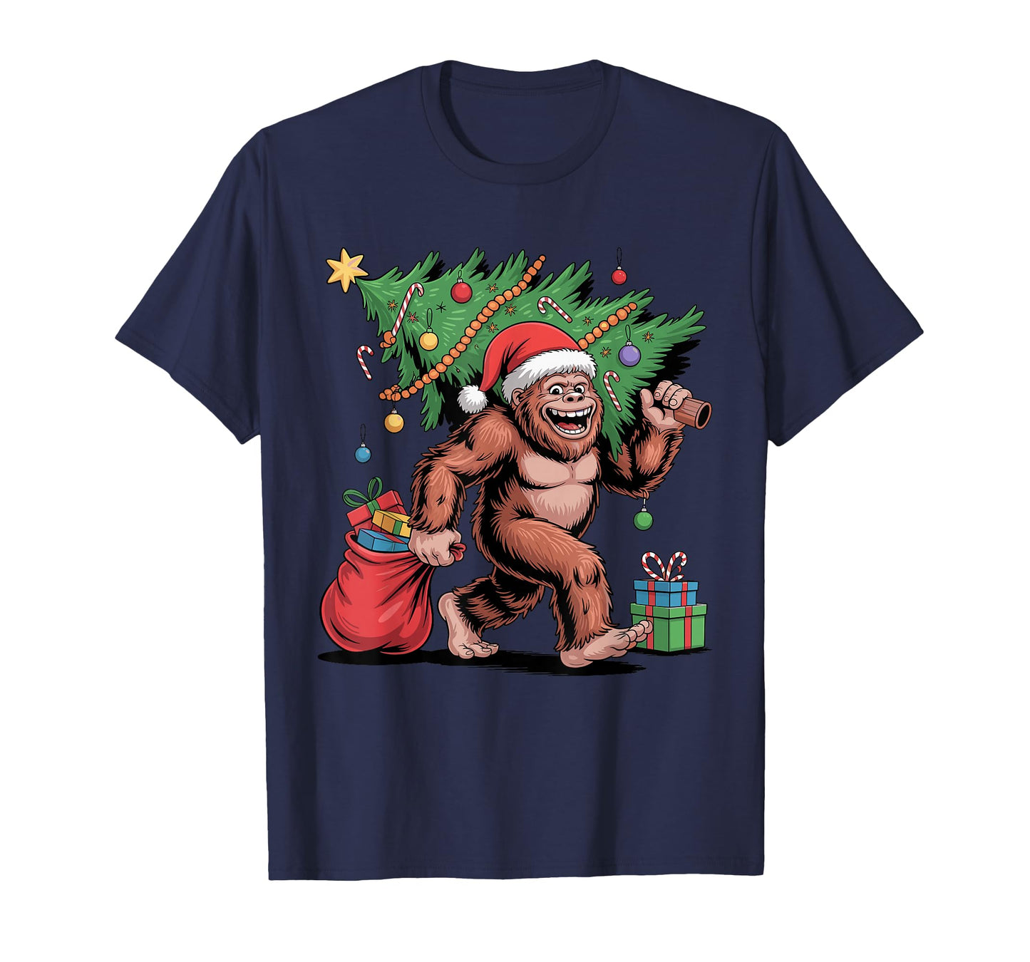 Santa Bigfoot Christmas Tree Funny Xmas Sasquatch Holiday T-Shirt