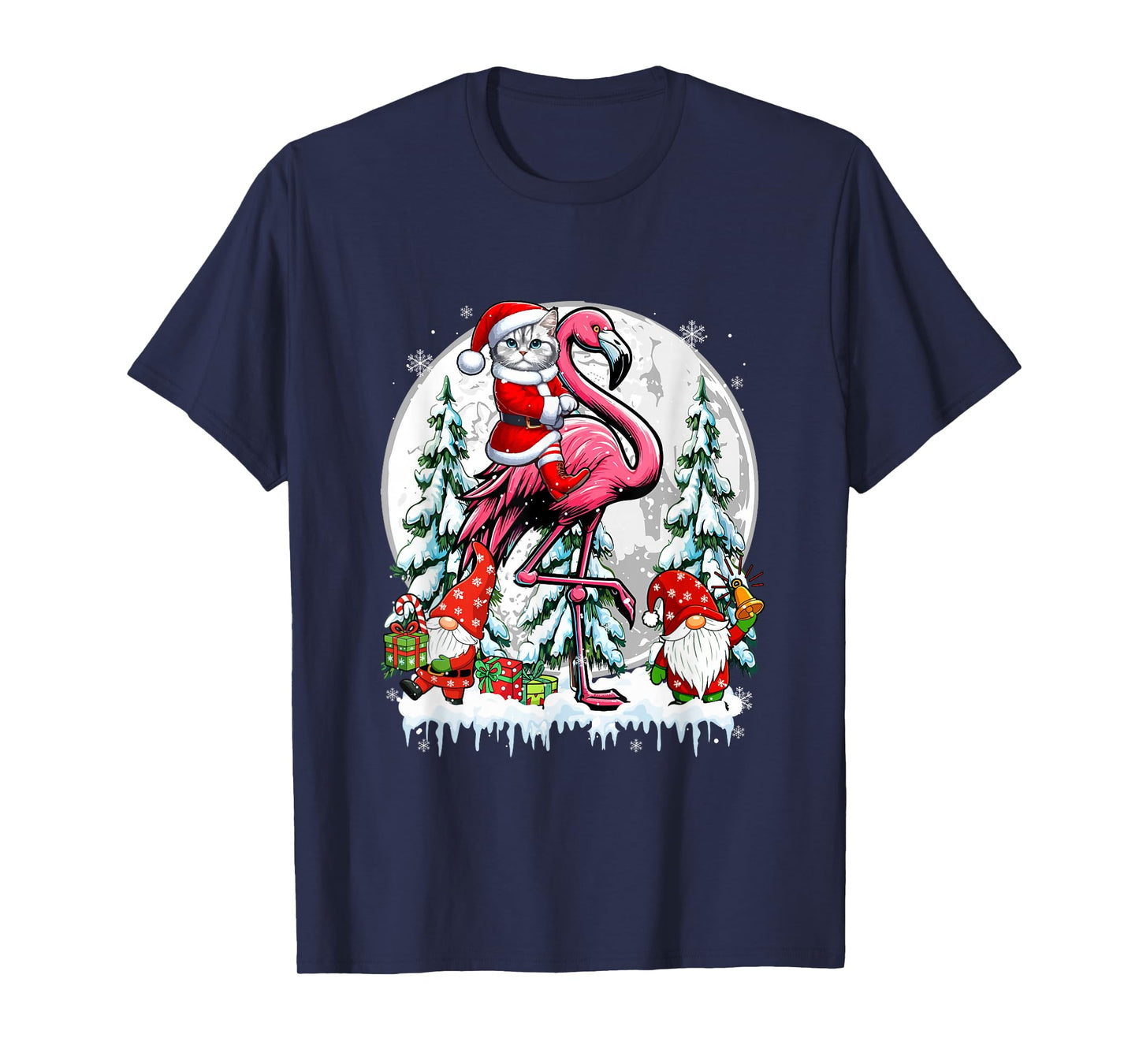 Santa Cat Riding Flamigo Gnomes Christmas Trees Family Kids T-Shirt