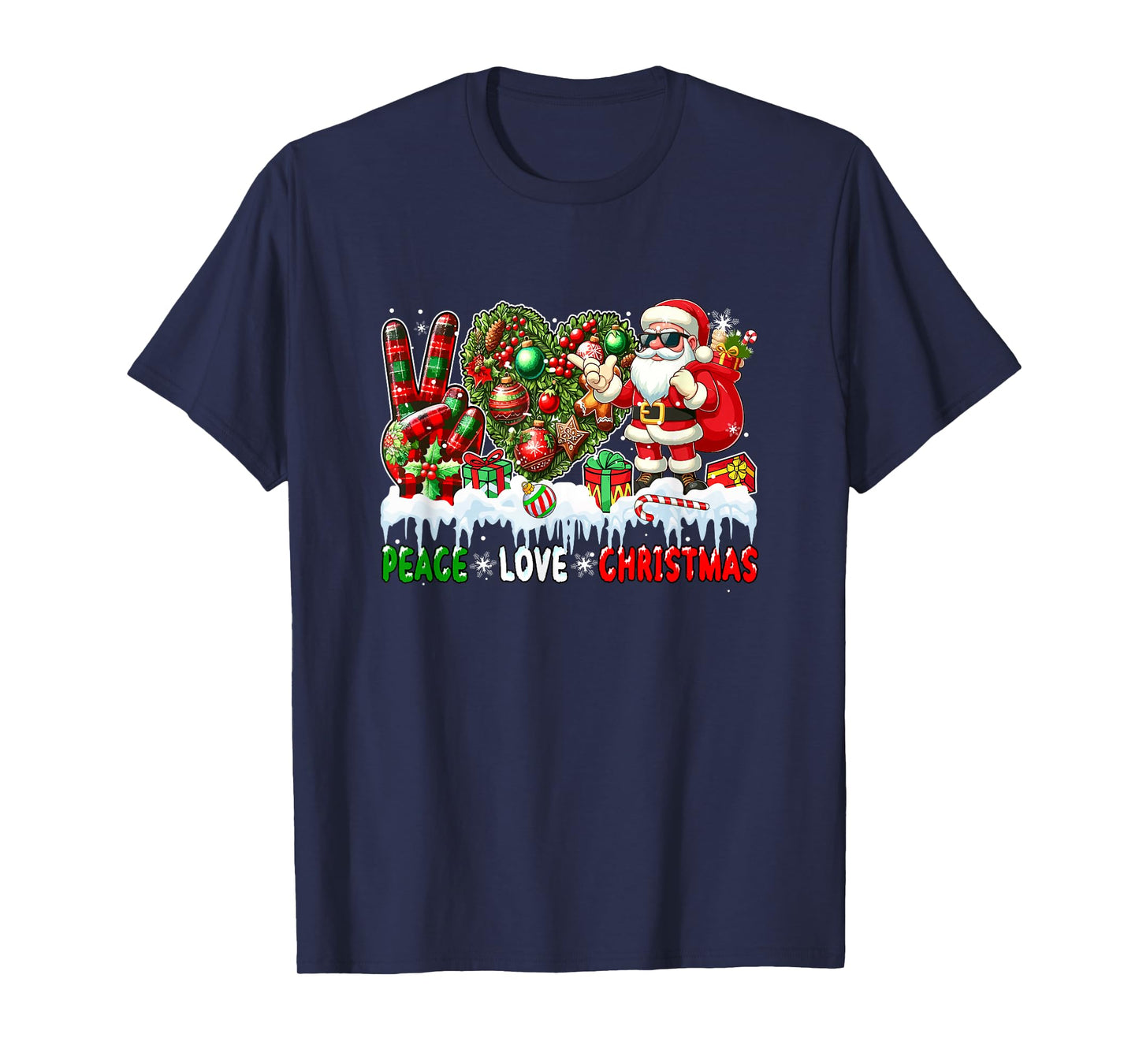 Peace Love Christmas Santa Sunglasses Heart Shape Floral T-Shirt