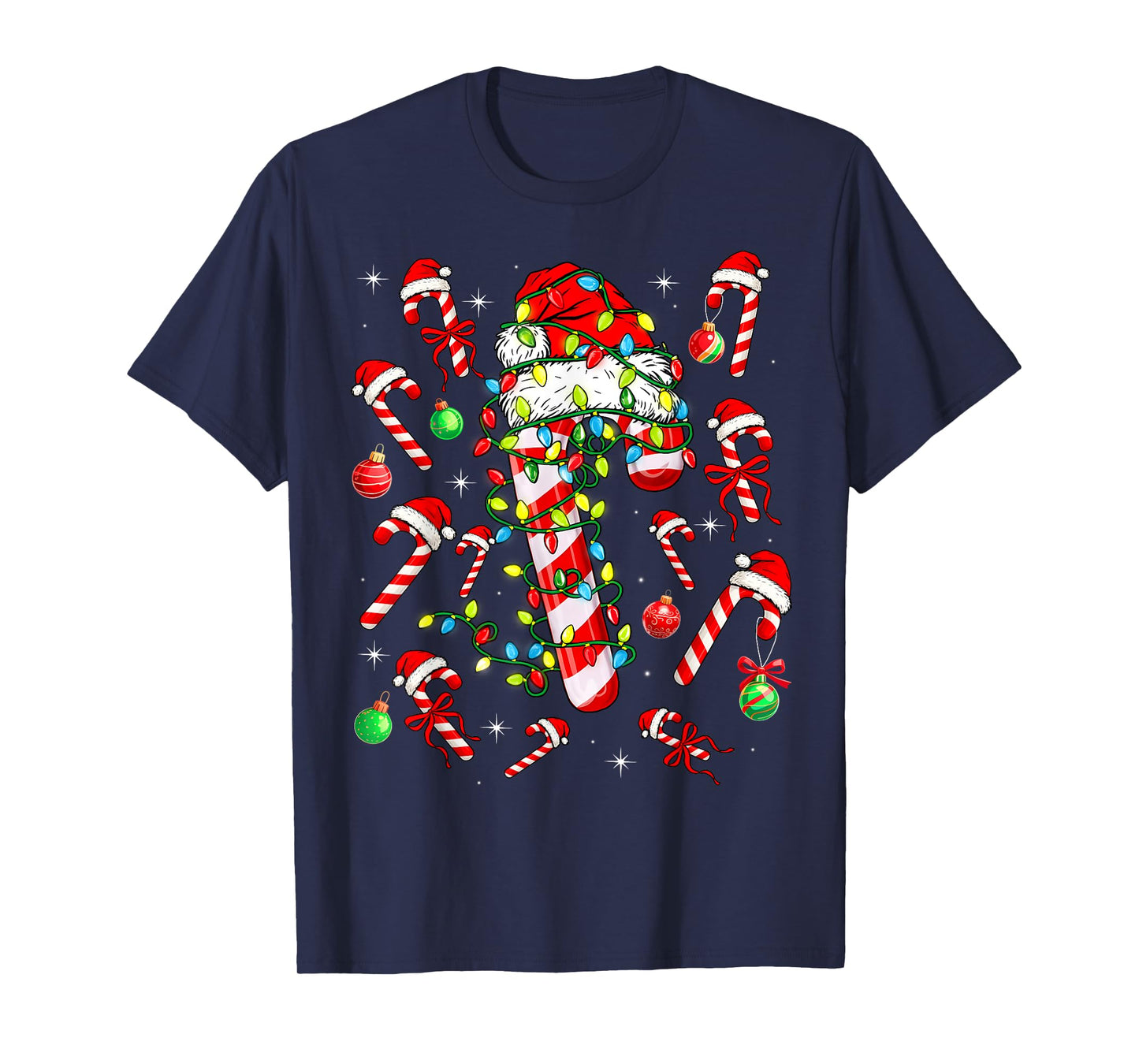 Candy Cane Santa Christmas Red and White Funny Xmas Lights T-Shirt