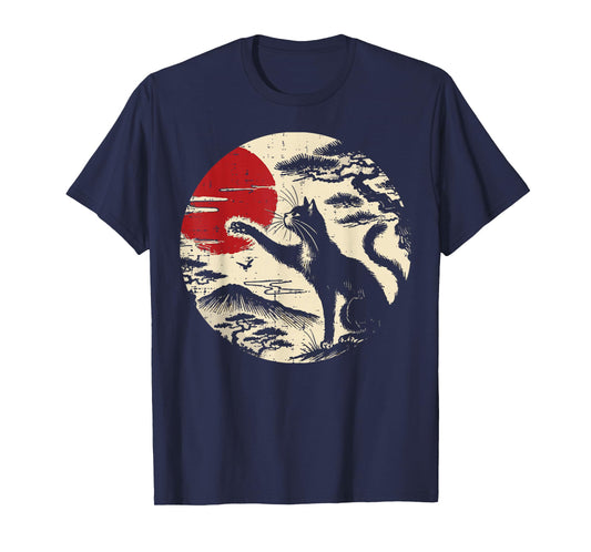 Japanese Cat Reaching Red Moon Vintage Art Men Women Kids T-Shirt