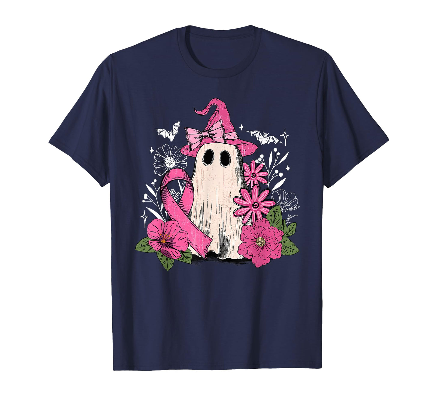 Retro Floral Pink Ghost Witch Breast Cancer Halloween Women T-Shirt