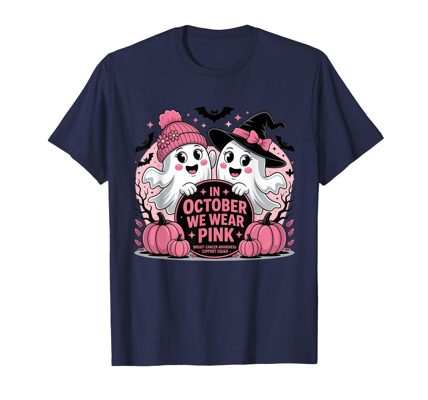 Support Squad We Wear Pink Ghost Witch October Breast Cancer T-Shirt