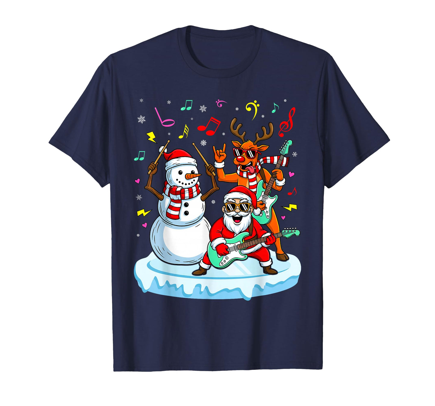Guitar Player Santa Snowman Reindeer Christmas Pajama Music T-Shirt