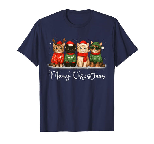 Christmas Holiday Xmas Meowy Christmas Funny Cat Santa Hat T-Shirt