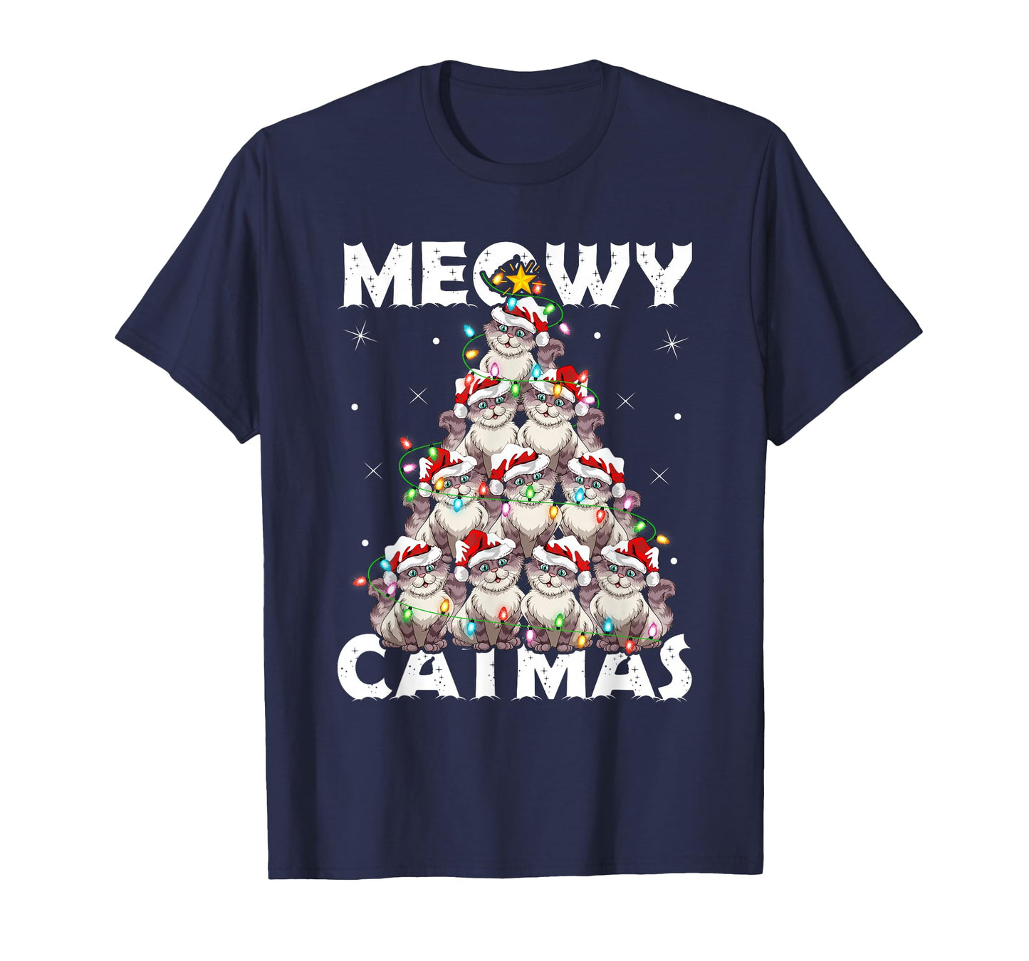 Cats Christmas Tree Lights Meowy Catmas Boys Girls Cat Xmas T-Shirt