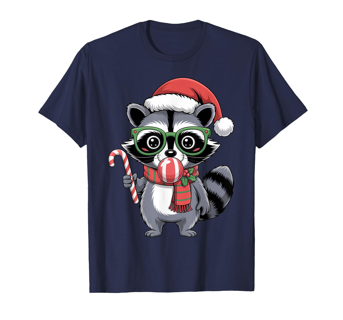Cute Christmas Raccoon in Red Glasses Bubble Men Women Kids T-Shirt