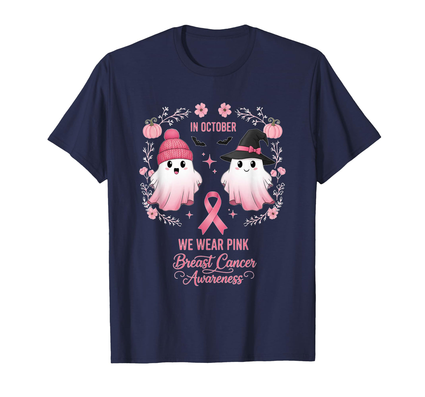 in October We Wear Pink Ghost Witch Breast Cancer Awareness T-Shirt