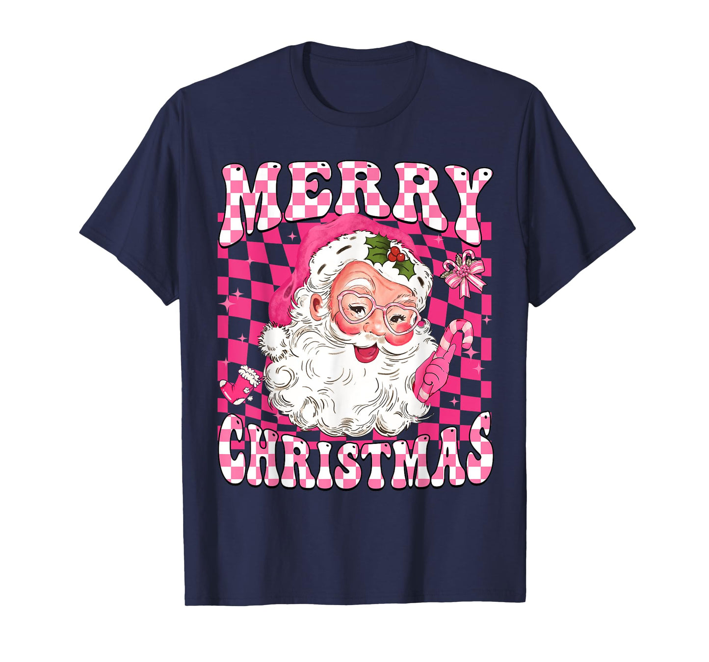 Retro Merry Christmas Vintage Pink Santa Checkered Groovy T-Shirt