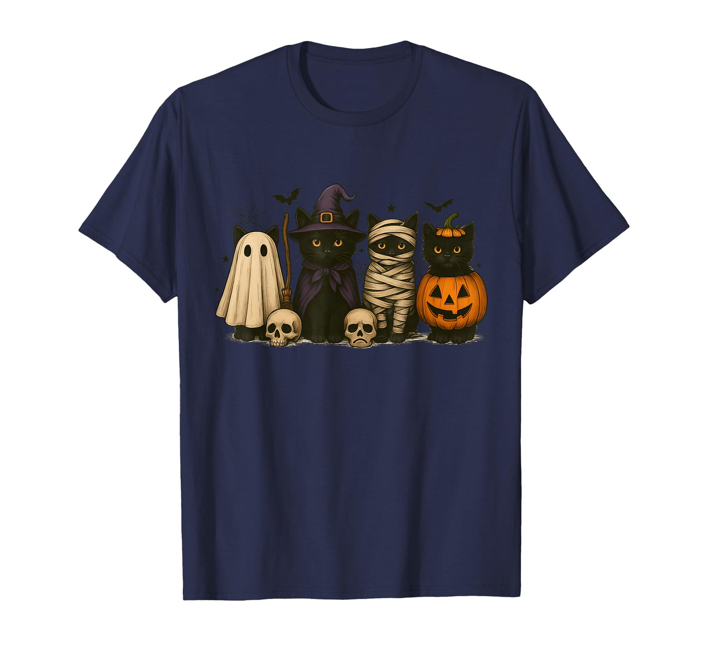 Retro Black Cat Ghost Witch Halloween Pumpkin Women Men Kids T-Shirt