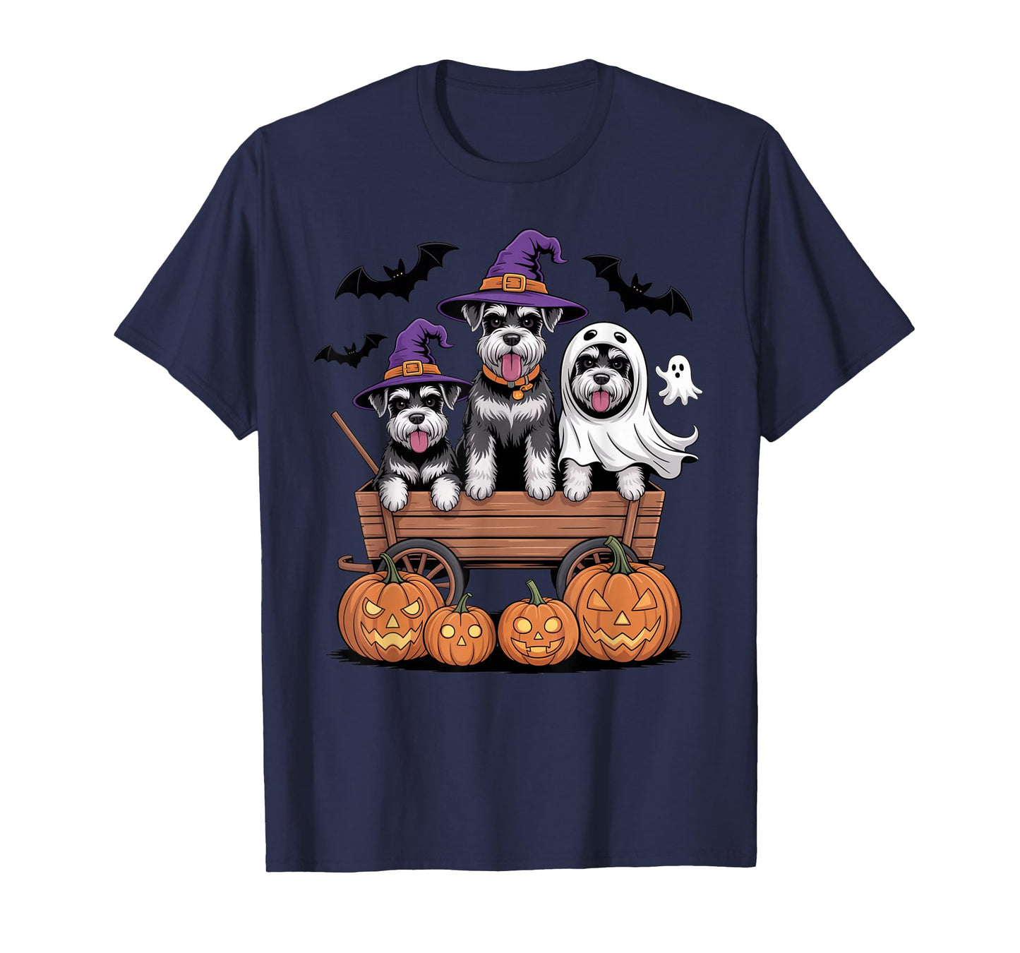 Schnauzer Halloween Wagon Witch Hats Ghost Bats Pumpkins T-Shirt