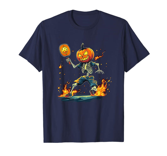 Pumpkin Head Skeleton Pickleball Halloween Spooky Sports T-Shirt