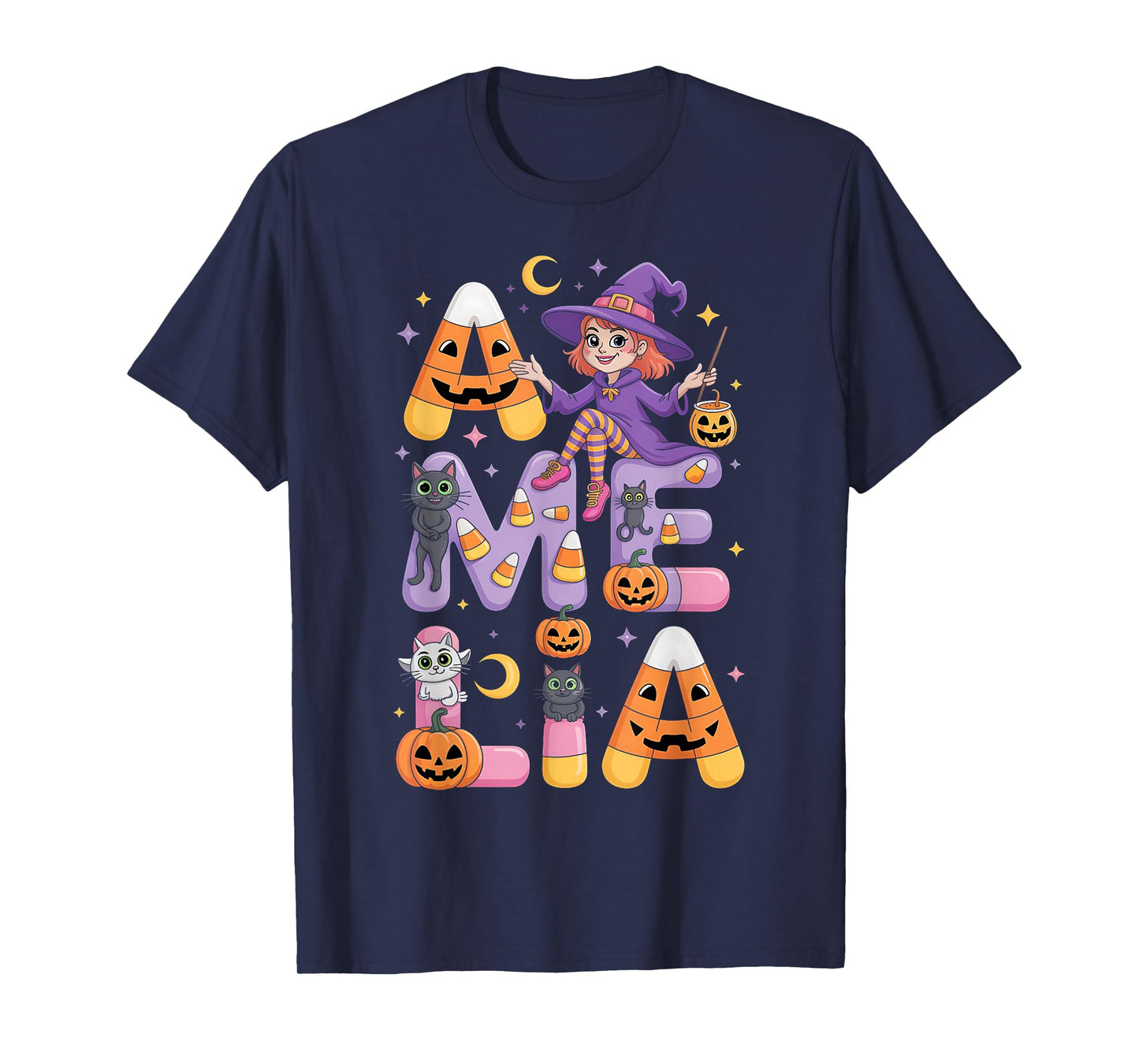 Amelia Witch Candy Corn Cat Halloween Women and Girls T-Shirt