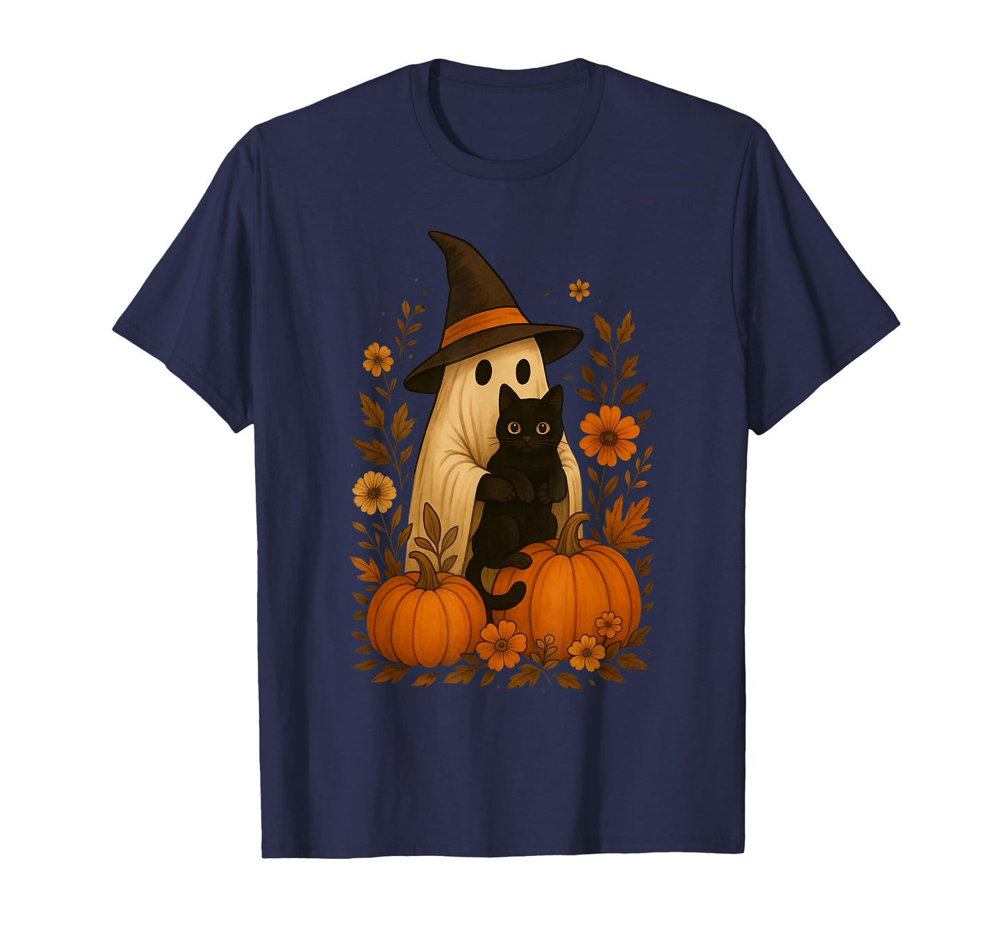 Vintage Ghost Witch Hat Black Cat Pumpkin Halloween Art T-Shirt