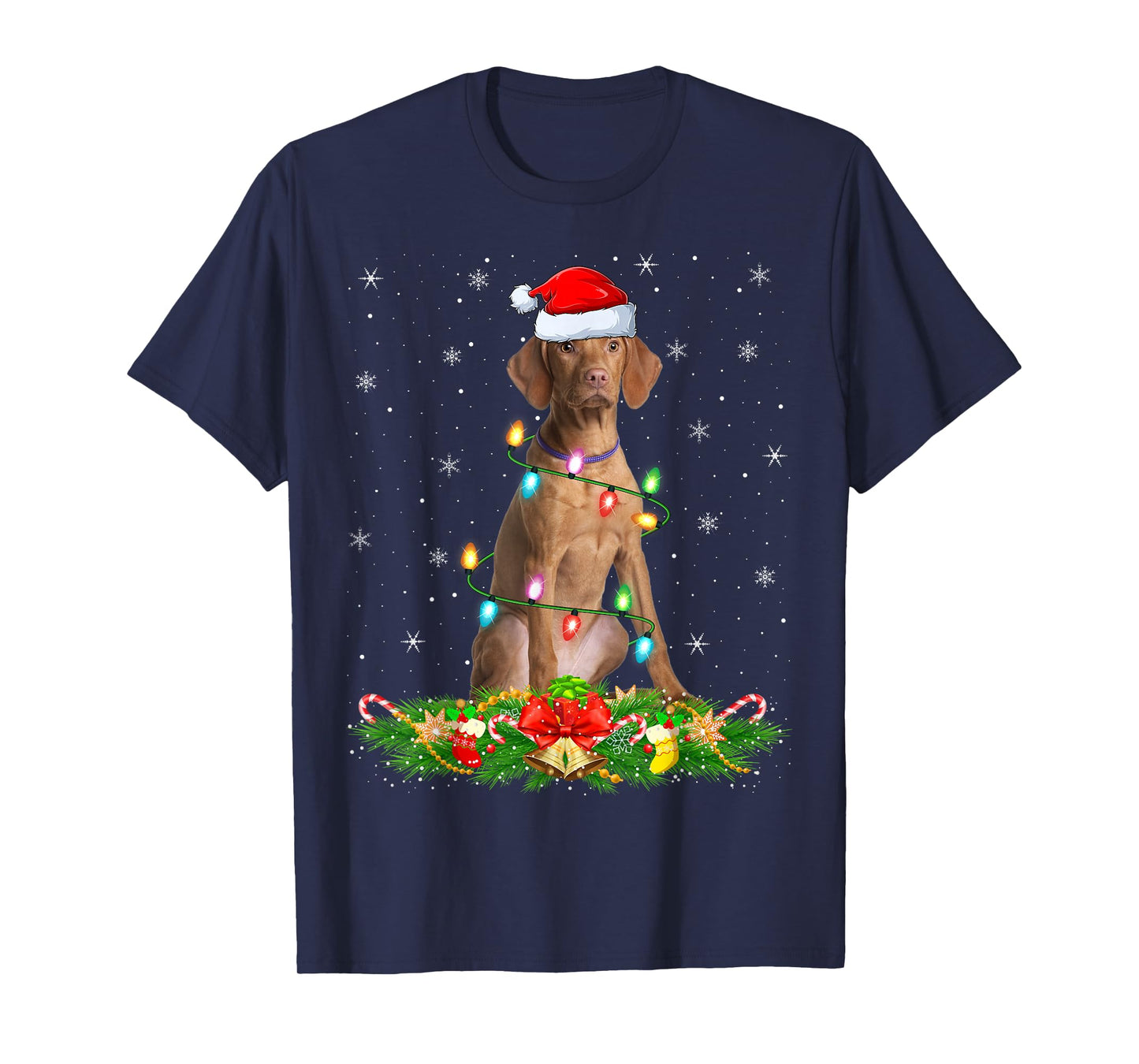 Vizsla Dog Christmas Lights Funny Santa Hat Xmas T-Shirt