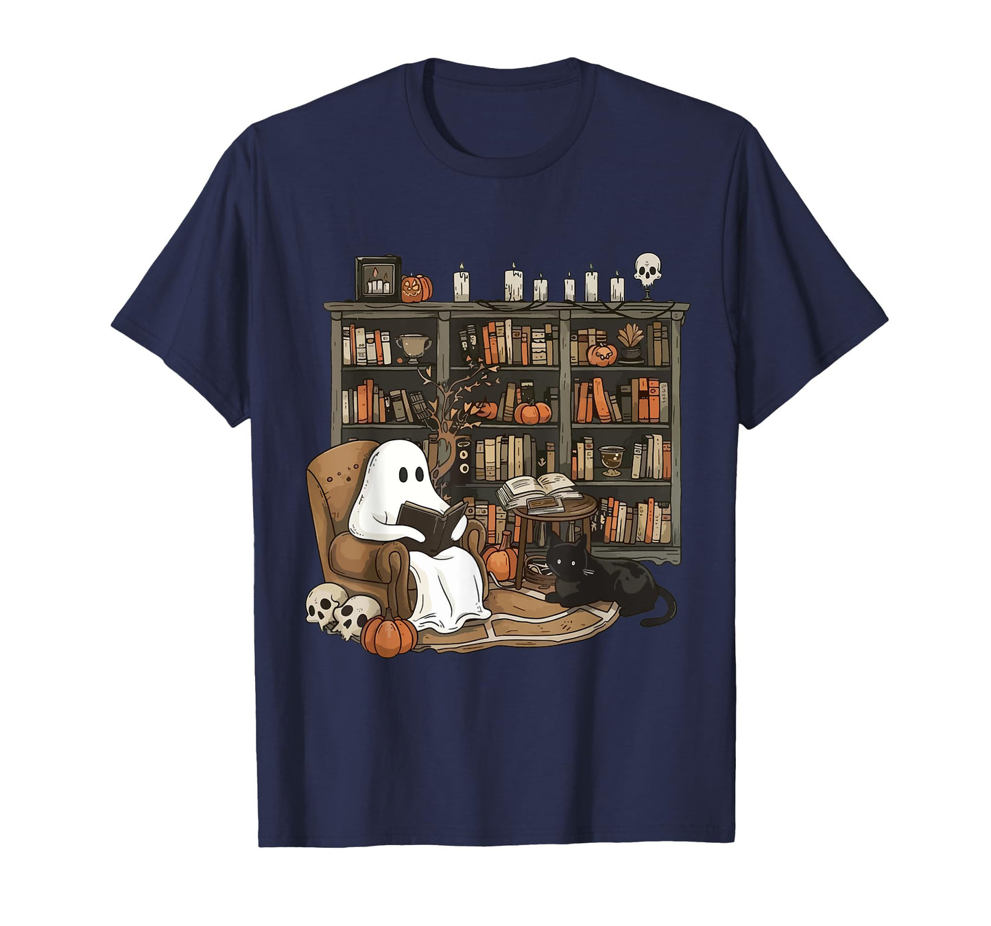 Ghost Library Halloween Book Reading Books Lover Teacher T-Shirt