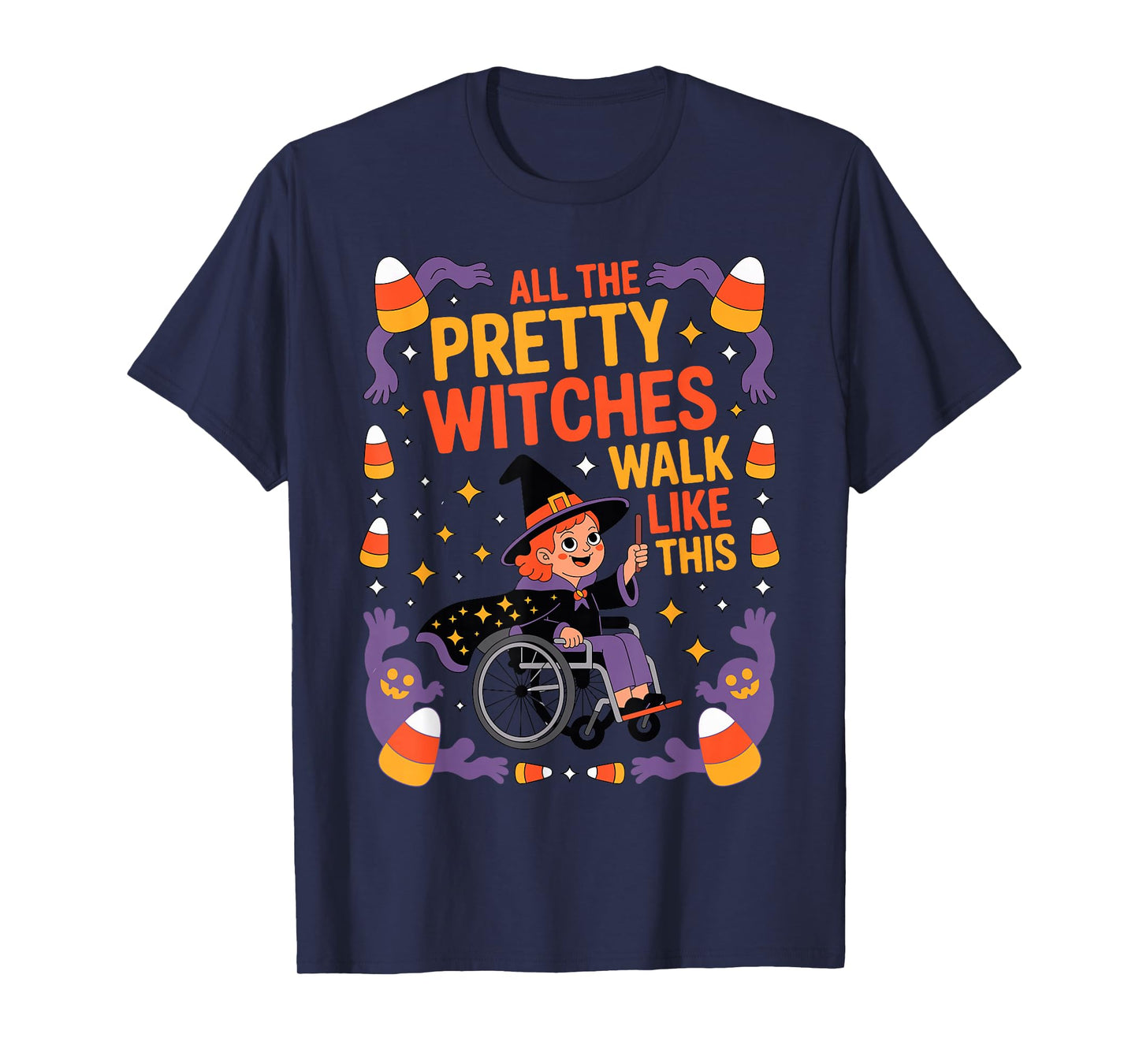 Wheelchair Costume Girl Halloween Handicap Joke Witch Hat T-Shirt