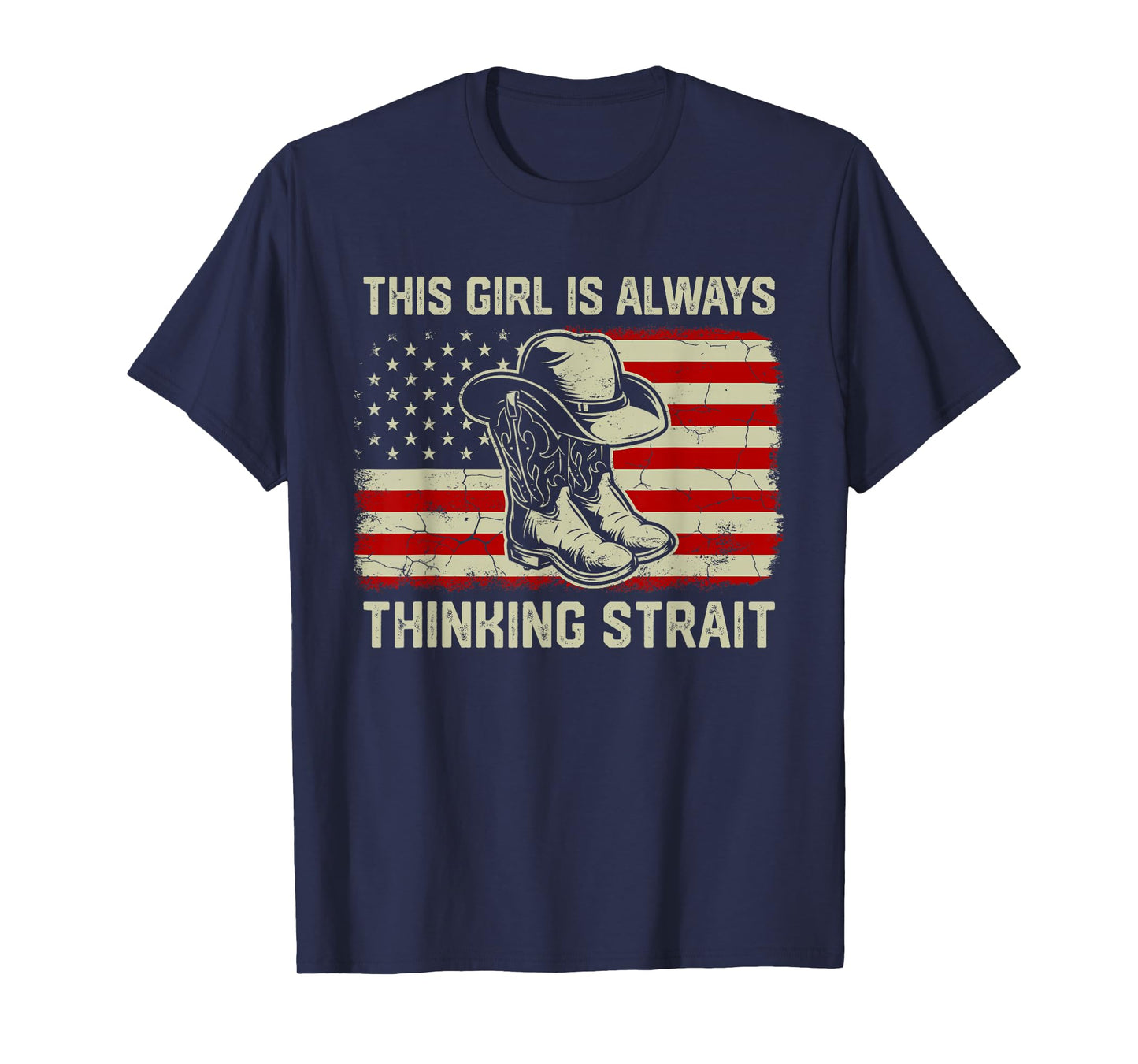 This Girl Is Always Thinking Strait US Flag Cowgirl Western T-Shirt