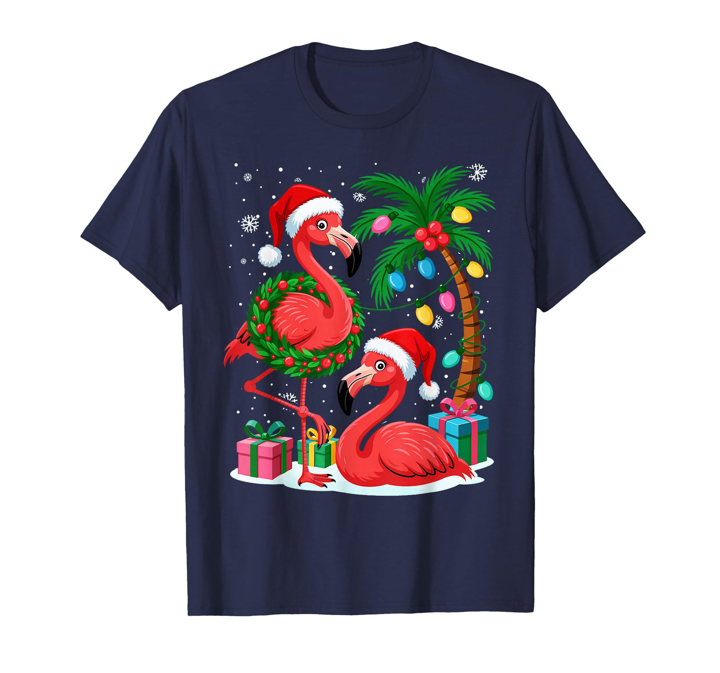 Christmas Flamingo Funny Santa by Sea Palm Tree Lights T-Shirt