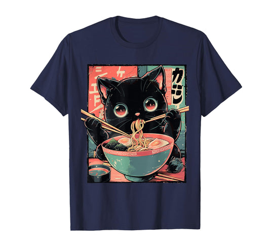 Cute Cat Eating Ramen Anime Japanese Culture T-Shirt