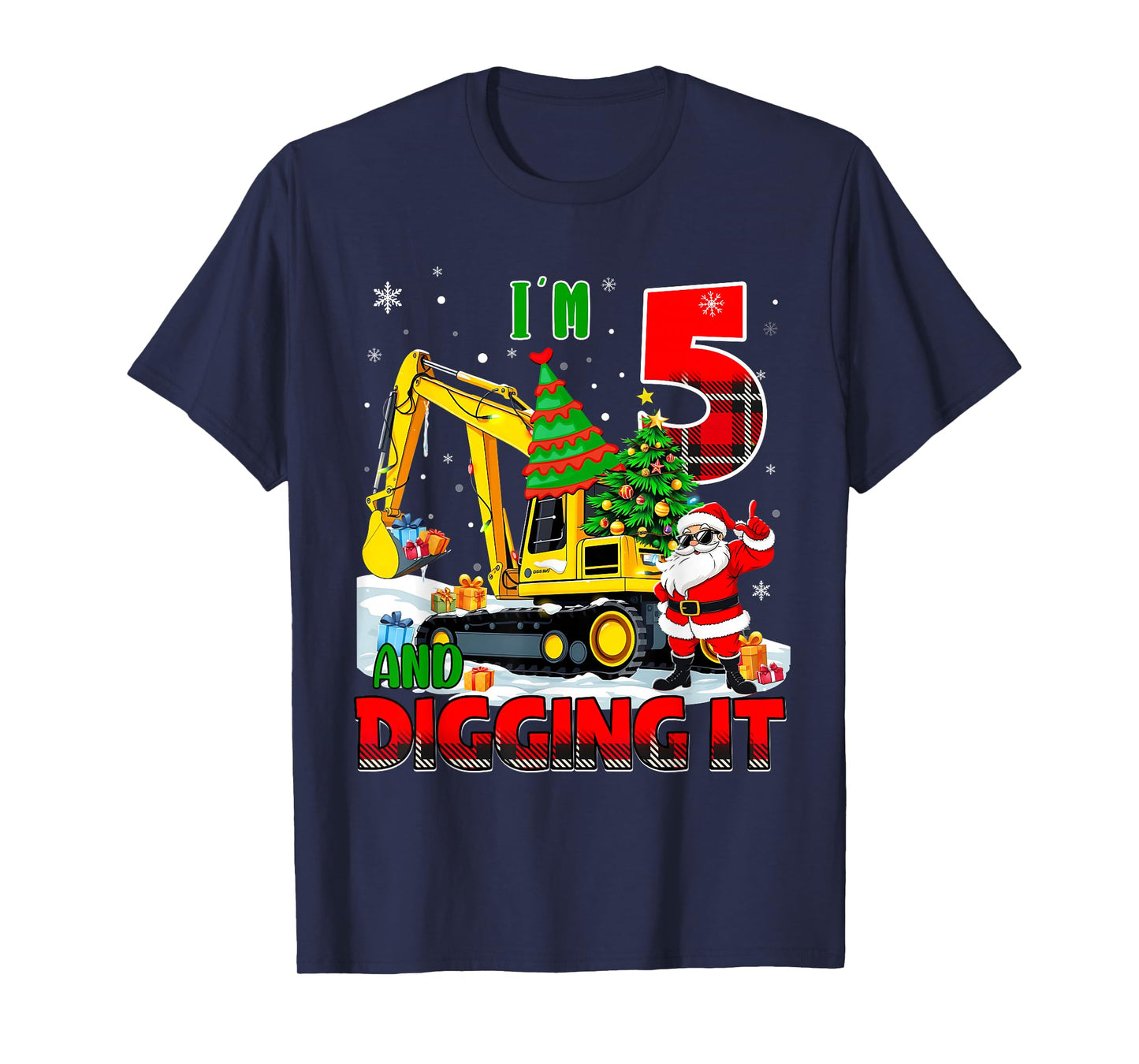 I'm 5 Construction 5th Birthday Kid Boy Xmas Excavator Santa T-Shirt